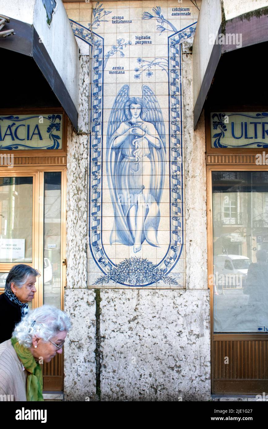advertising azulejos of an old pharmacy in Lisbon Stock Photo