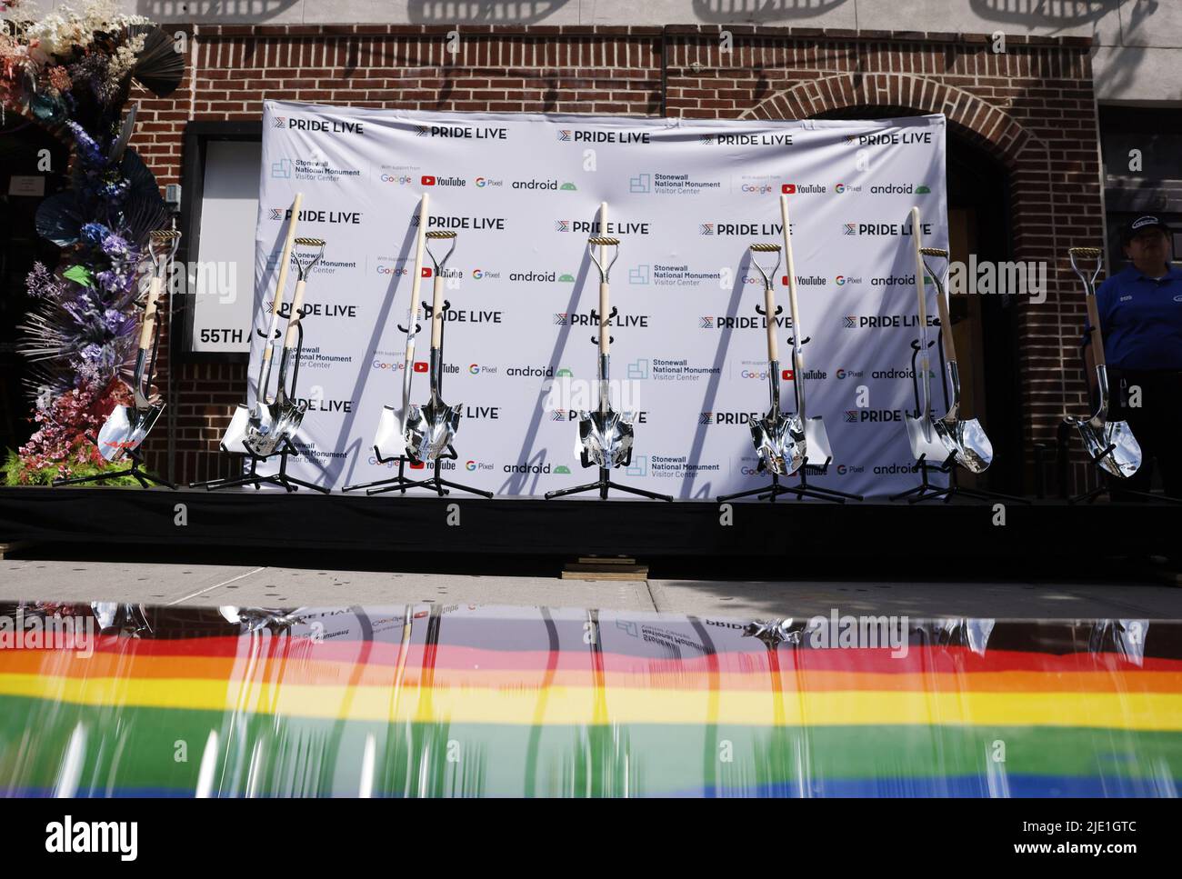 New York, United States. 24th June, 2022. New York City. US, June 24, 2022, Ceremonial Shovels stand near rainbow colored ceremonial dirt before the Stonewall National Monument Visitor Center groundbreaking ceremony outside of the Stonewall Inn on Friday, June 24, 2022 in New York City. Photo by John Angelillo/UPI Credit: UPI/Alamy Live News Stock Photo