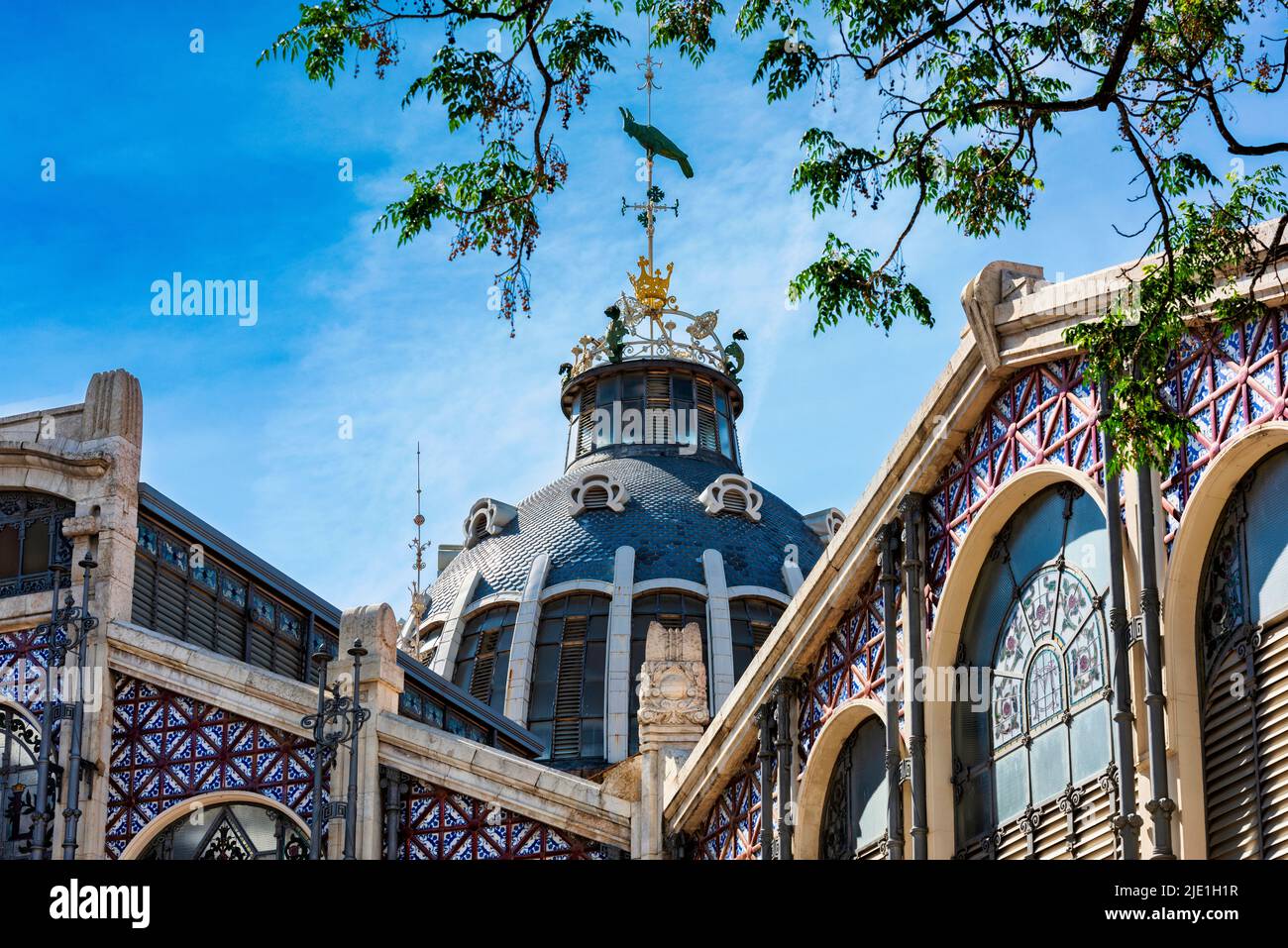 The dome and windows of the Central Market of Valencia in Spain Stock Photo