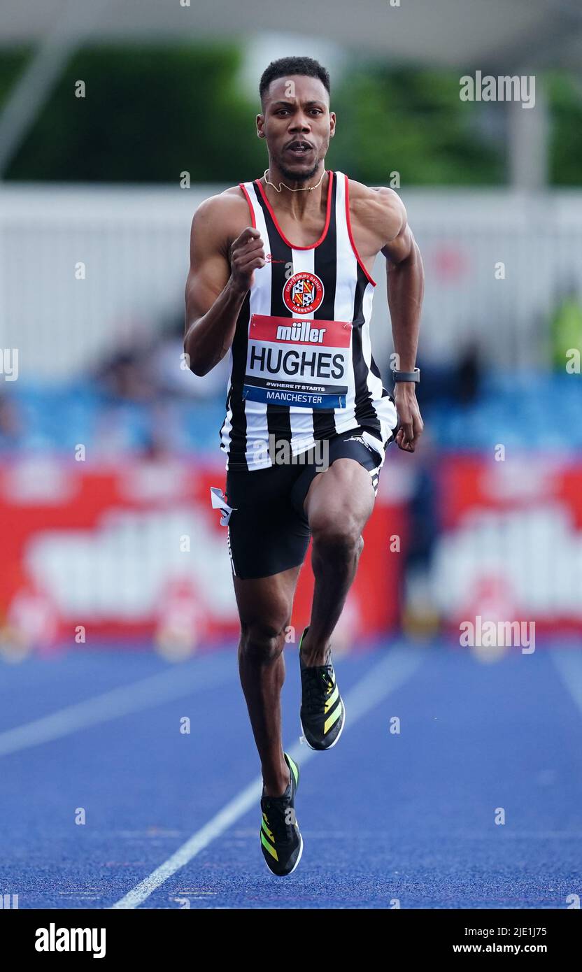 Zharnel Hughes in the Men's 100m Heats during day one of the Muller UK