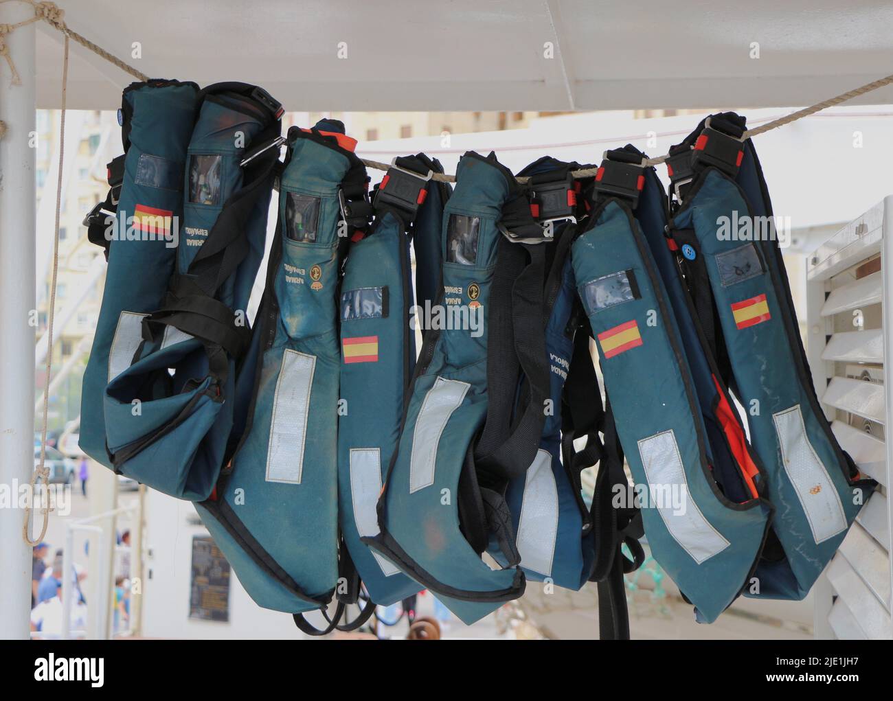 Military life jackets hung on a rope on the deck Spanish Navy Training