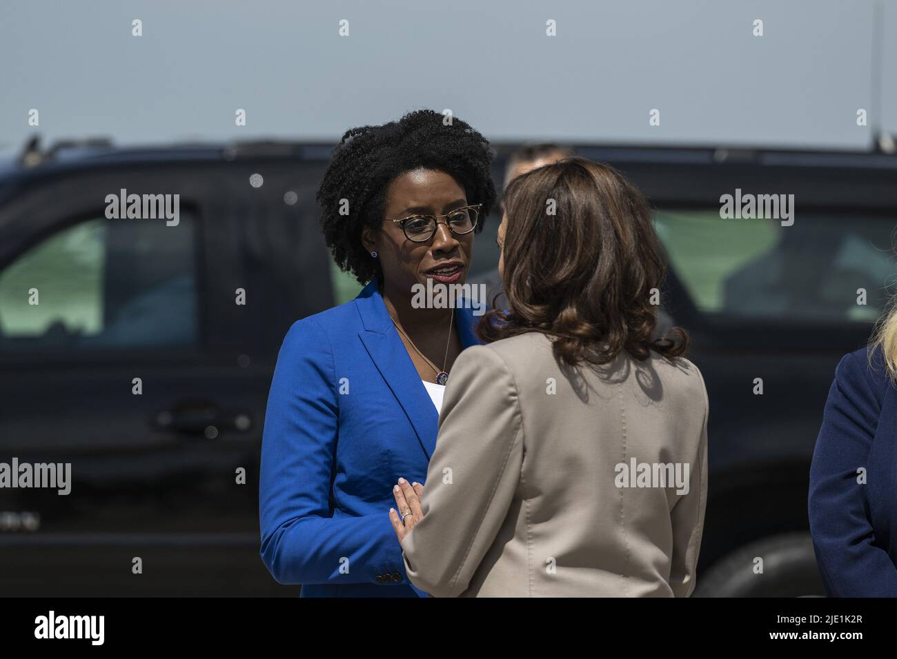 Auroa, United States. 24th June, 2022. Vice President Kamala Harris speaks with Congresswoman Lauren Underwood at the Aurora Municipal Airport on Friday June 24, 2022 in Aurora, Illinois. Photo by Christopher Dilts/UPI Credit: UPI/Alamy Live News Stock Photo