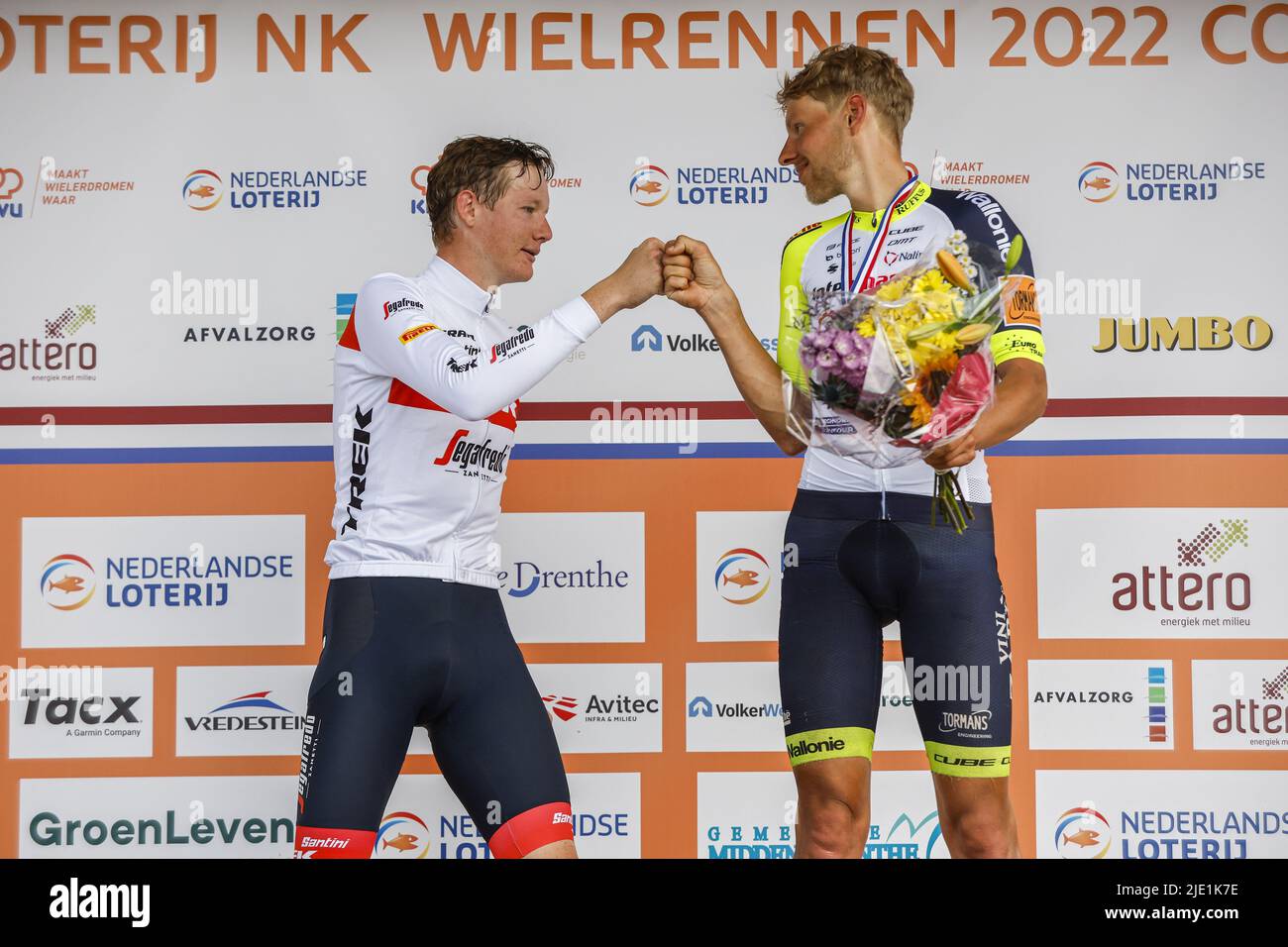 Drenthe, Netherlands. 24th June 2022. EMMEN - Cyclists Daan Hoole (second) and Taco van der Hoorn (third) after the National Championships Cycling in Drenthe. ANP BAS CZERWINSKIA Credit: ANP/Alamy Live News Stock Photo