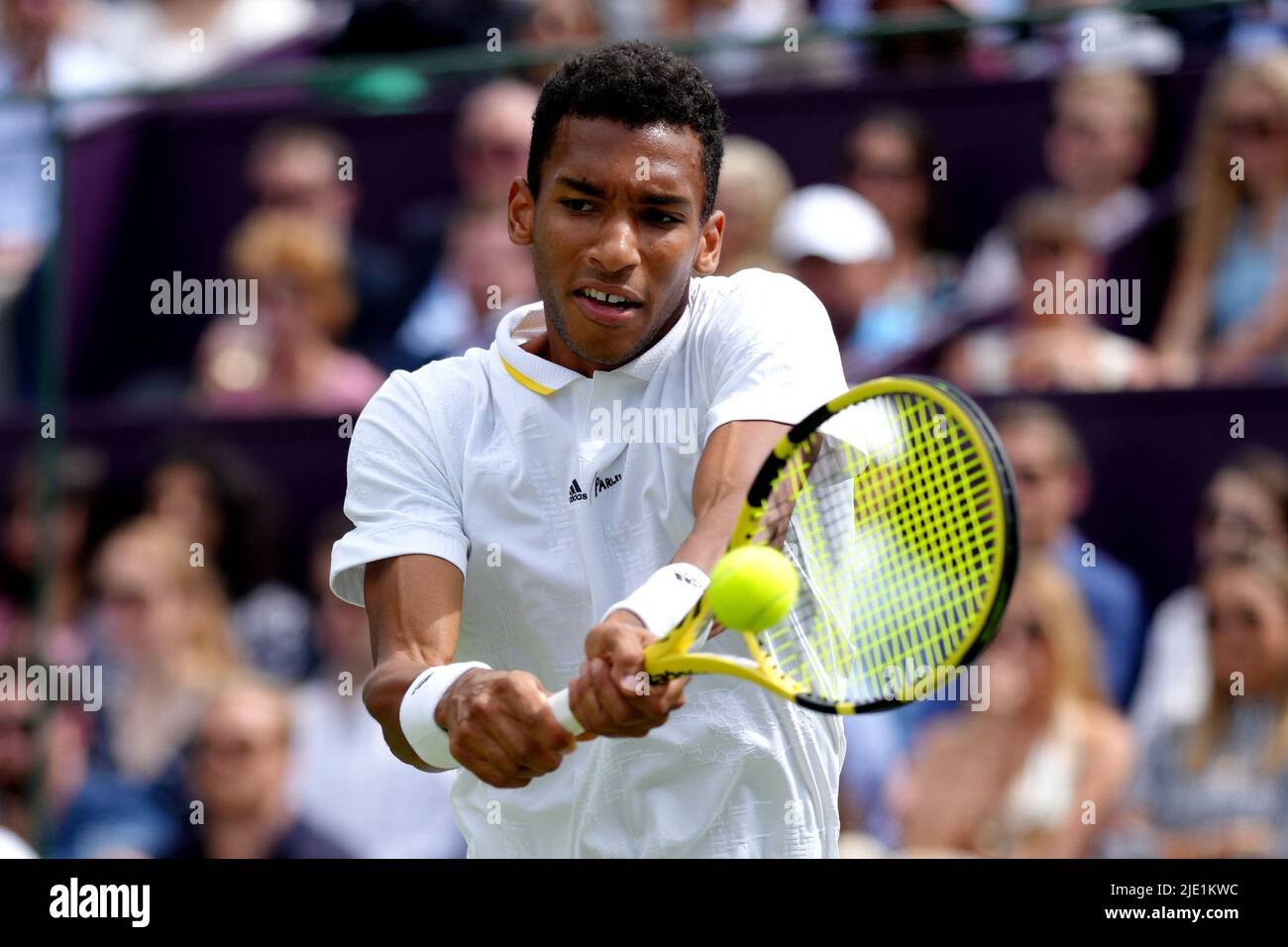 Felix Auger Aliassime during his match against Rafael Nadal on day four of the Giorgio Armani Tennis Classic at The Hurlingham Club, London