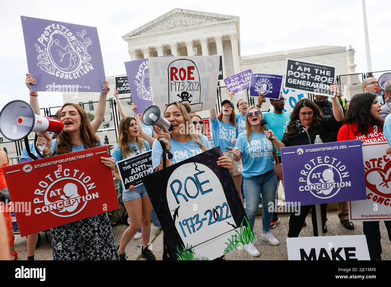 Washington, United States. 24th June, 2022. Abortion-rights activists celebrate after the U.S. Supreme Court overturns Roe v. Wade, ending federal abortion protection and making abortion regulation an issue decided by individual states at the U.S. Supreme Court in Washington, DC on Thursday, June 24, 2022. Photo by Jemal Countess/UPI Credit: UPI/Alamy Live News Stock Photo