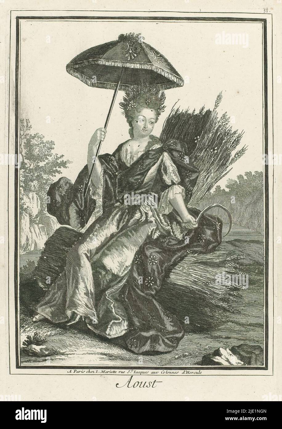 August, Aoust (title on object), Personifications of the twelve months (series title), print maker: anonymous, publisher: Jean Mariette, (mentioned on object), print maker: France, publisher: Paris, 1670 - 1742, paper, etching, engraving, height 294 mm × width 198 mm Stock Photo