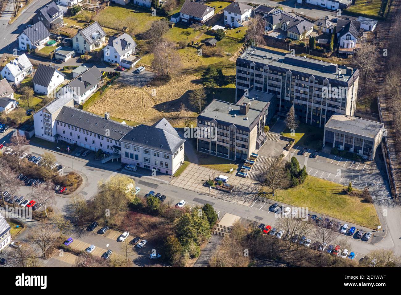 Aerial photograph, Hochsauerland district administration and Brilon police station, Am Rothaarsteig in Brilon, Sauerland, North Rhine-Westphalia, Germ Stock Photo