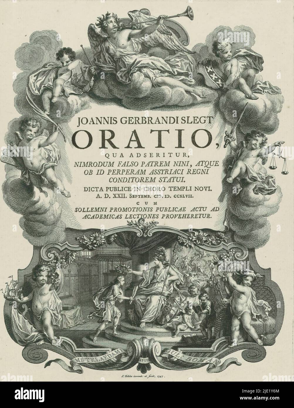 Minerva lauds a young man with bull, Title page for: J.G. Slegt, Oratio, qua adseritur, Nimrodum falso patrem Nini (...), 1747, Within a cartouche the effigy of Minerva lauding a young man holding a bull. In the background left, a view of the interior of a church. Behind Minerva a depiction of Apollo, his muses and Pegasus. Above the cartouche is the title of the oration, all around are putti with symbols of the various faculties of the university. At the very top, an angel with laurel wreath blows the trumpet., print maker: Simon Fokke, (mentioned on object), after own design by: Simon Fokke, Stock Photo