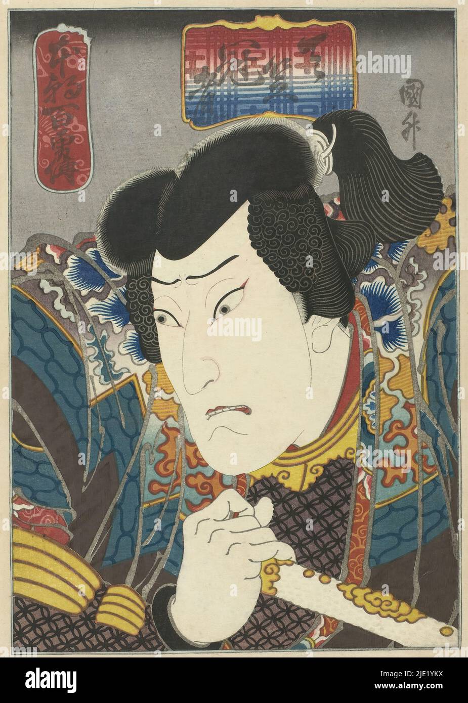 Ôkawa Hashizô I as Tenjiku Kanja, One hundred stories of bravery in our country (series title), Honchô hyakuyûden (series title on object), Stage actor Ôkawa Hashizô I as Tenjiku Kanja (Tokubei), in the play 'Sangoku ichi tsui no kuromono', performed at the Kado Theater in the eighth month of 1848., print maker: Sadamasu (II) , Utagawa, (attributed to), Osaka, Aug-1848, paper, color woodcut, height 244 mm × width 174 mm Stock Photo
