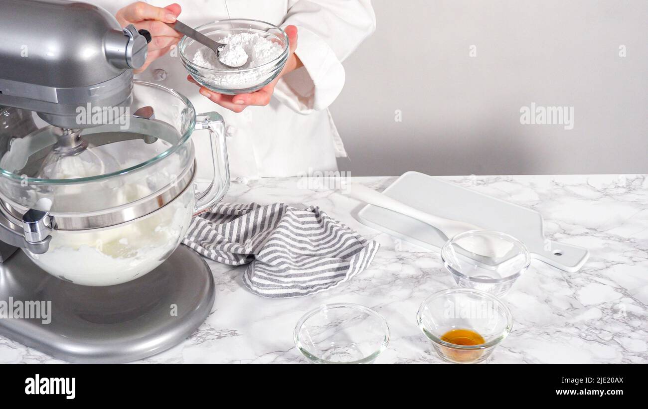 Step by step. Making meringue in kitchen mixer to bake unicorn meringue