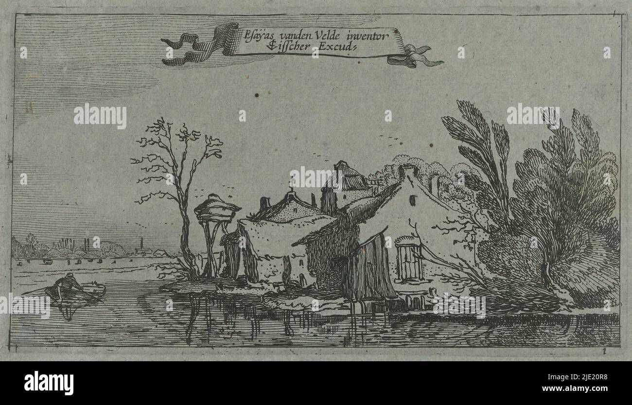River View, View of a river with a farmhouse to its right. On the river a figure in a rowboat. At top, in a band, the names of the designer and publisher., print maker: anonymous, after design by: Esaias van de Velde, (mentioned on object), publisher: Claes Jansz. Visscher (II), (mentioned on object), print maker: Low Countries, after design by: Northern Netherlands, publisher: Amsterdam, c. 1620 - c. 1630, paper, etching, height 91 mm × width 172 mm Stock Photo
