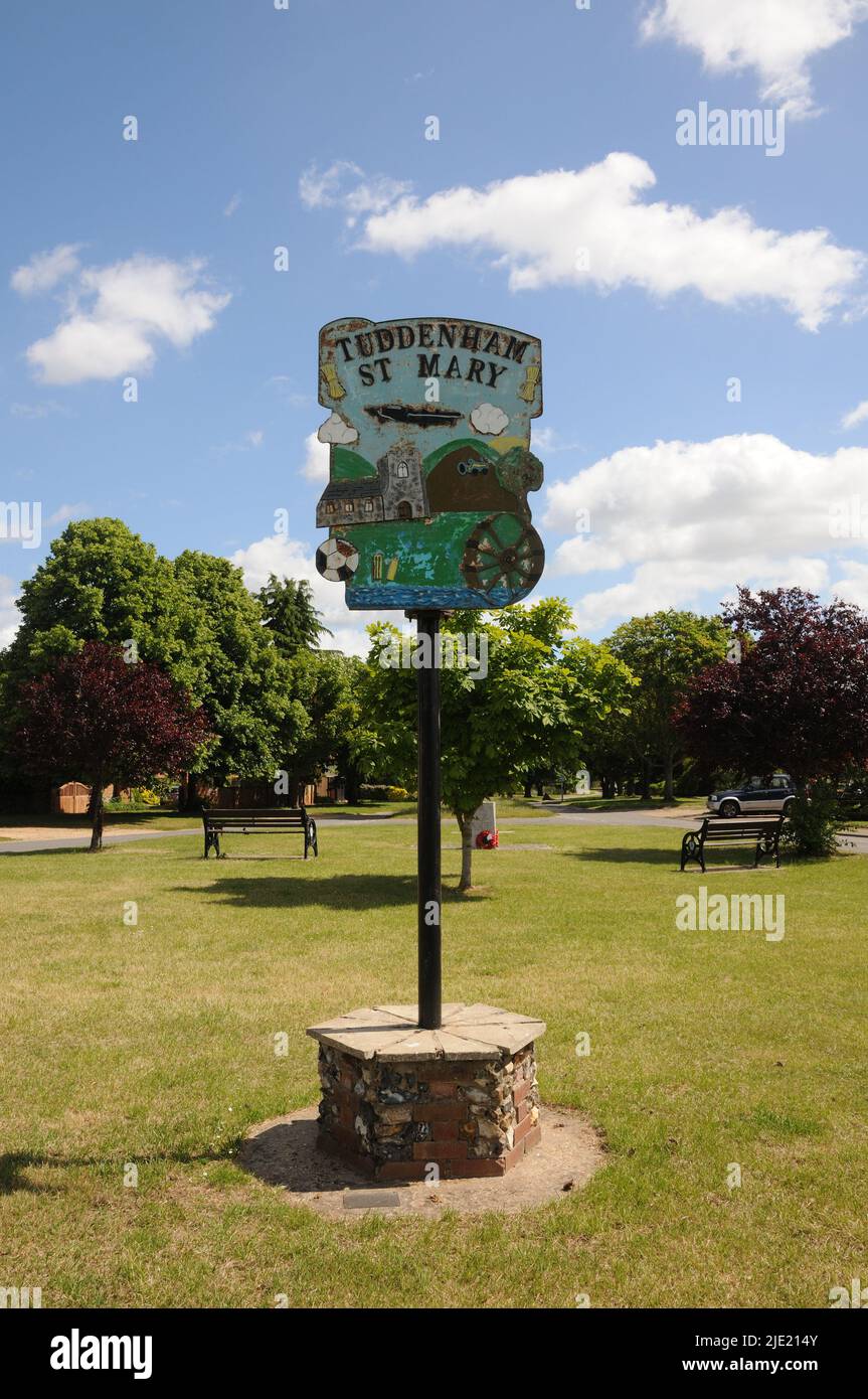 Village sign, Tuddenham St Mary, Suffolk Stock Photo