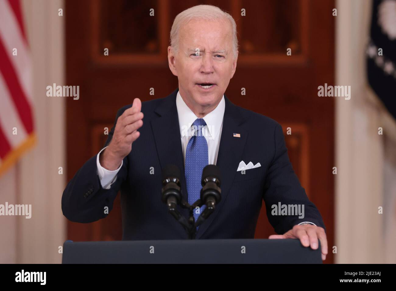 Washington, United States. 24th June, 2022. U.S. President Joe Biden deliver remarks on the Supreme Court decision on Dobbs v. Jackson Women's to overturn Roe V. Wade in the Cross Hall of the White House on Friday, June 24, 2022 in Washington, DC. Photo by Oliver Contreras/UPI Credit: UPI/Alamy Live News Stock Photo