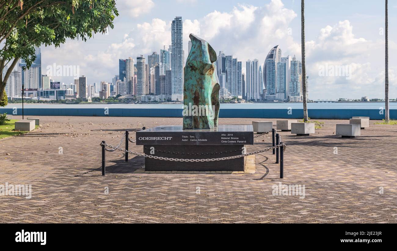 Panama City, Panama - October 29, 2021: Bronze Bull sculpture at Monument of the Flag of Panama in Panama City. Stock Photo