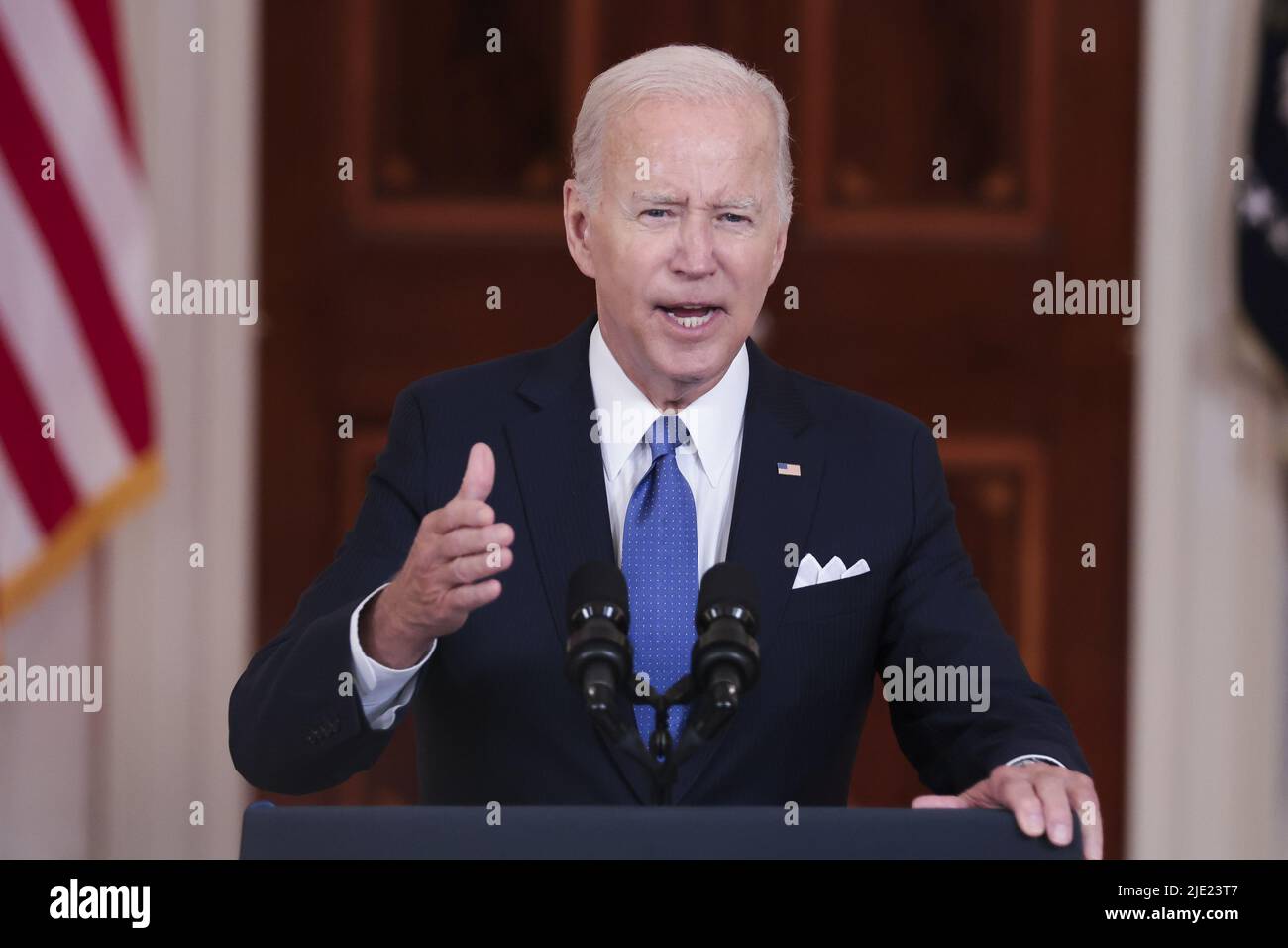 Washington, United States. 24th June, 2022. U.S. President Joe Biden deliver remarks on the Supreme Court decision on Dobbs v. Jackson Women's to overturn Roe V. Wade in the Cross Hall of the White House on Friday, June 24, 2022 in Washington, DC. Photo by Oliver Contreras/UPI Credit: UPI/Alamy Live News Stock Photo