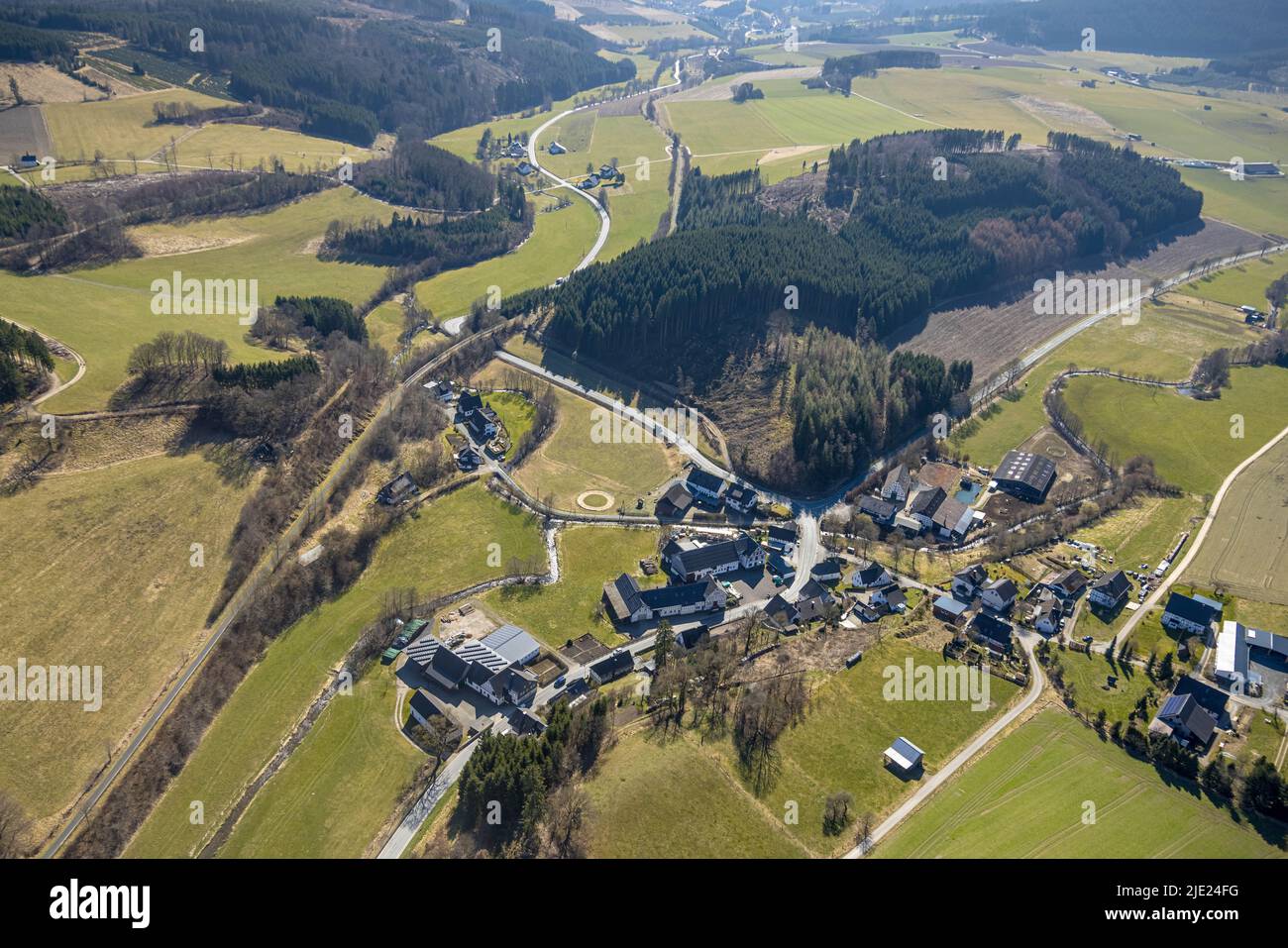 Aerial view, village view of Siepertine,narrow village road, Eslohe, Sauerland, North Rhine-Westphalia, Germany, Luftbild, Ortsansicht Siepertine,enge Stock Photo
