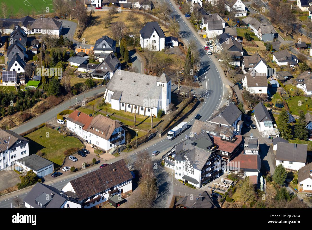 Aerial view, village view and church St. Nikolaus in Cobbenrode, B55 Cobbenrode height church, village crossing, Eslohe, Sauerland, North Rhine-Westph Stock Photo