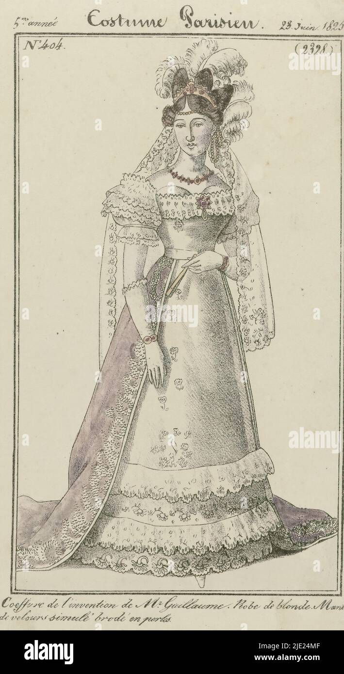 Coeffure" designed by Mr. Guillaume. Gown Blonde (bobbin lace). "Manteau" of "velvet simul 'embroidered with pearls. Accessories: tiara, necklace, brooch, bracelet, range, long gloves. The print is a copy to No. In Coeffure" designed by Mr. Guillaume. Gown Blonde (bobbin lace). "Manteau" of "velvet simul 'embroidered with pearls. Accessories: tiara, necklace, brooch, bracelet, range, long gloves. The print is a copy to No. In