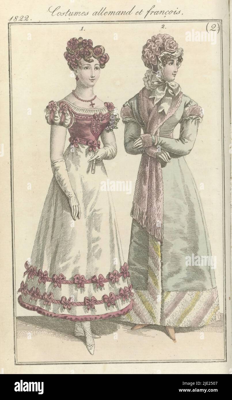 Journal des Dames et des Modes, Frankfurt edition 6 janvier 1822, Costumes allemand et françois (2), The accompanying text (pp.55-56) states: Fig.1: Baljapon. Hairstyle decorated with roses of lamé and scabiosa flowers, after the model of Plaisir. Body of satin and lower edge of skirt decorated with roses, set with nests. White long gloves and white shoes. Fig. 2: Viennese fashion. Hat of velvet decorated with gauze. Redingote of merino wool garnished with 'velours frisé'. White gloves. Pink boots.  The print is part of the fashion magazine Journal des Dames et des Modes, published in Frankfur Stock Photo