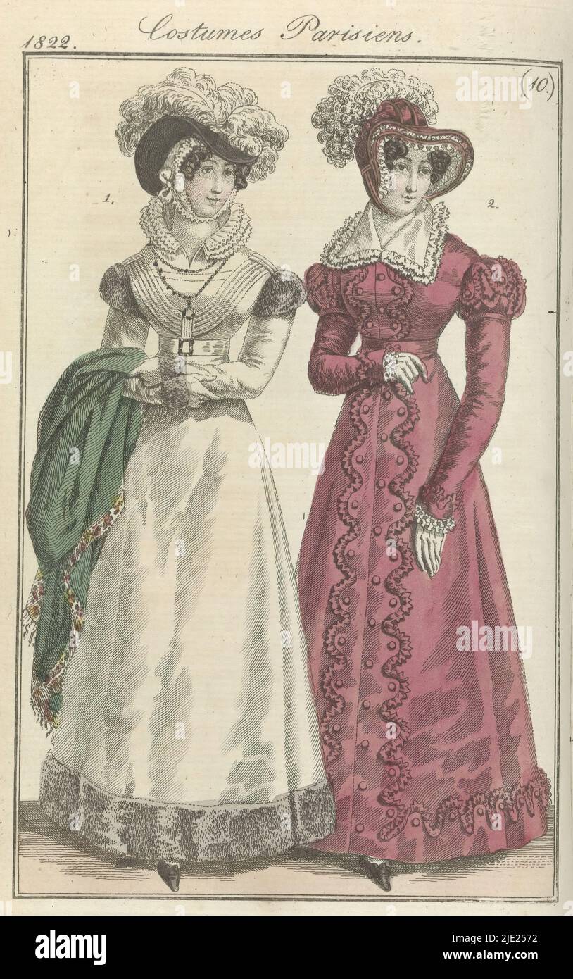 Journal des Dames et des Modes, Frankfurt edition 3 Mars 1822, Costumes Parisiens (10), The accompanying text (p. 271) states: Fig. 1: Hat of satin, decorated with ostrich feathers. Cornette garnished with 'Blonde' (bobbin lace). Gown of merino wool trimmed with chinchilla fur. White gloves and black shoes.  Fig. 2 : Hat of velvet. Gown of 'reps' with idem trimming. Mesh collar trimmed with 'Blonde' (bobbin lace). White gloves.  Black shoes. The print is part of the fashion magazine Journal des Dames et des Modes, published in Frankfurt as a copy of the French edition by Pierre de la Mésangère Stock Photo