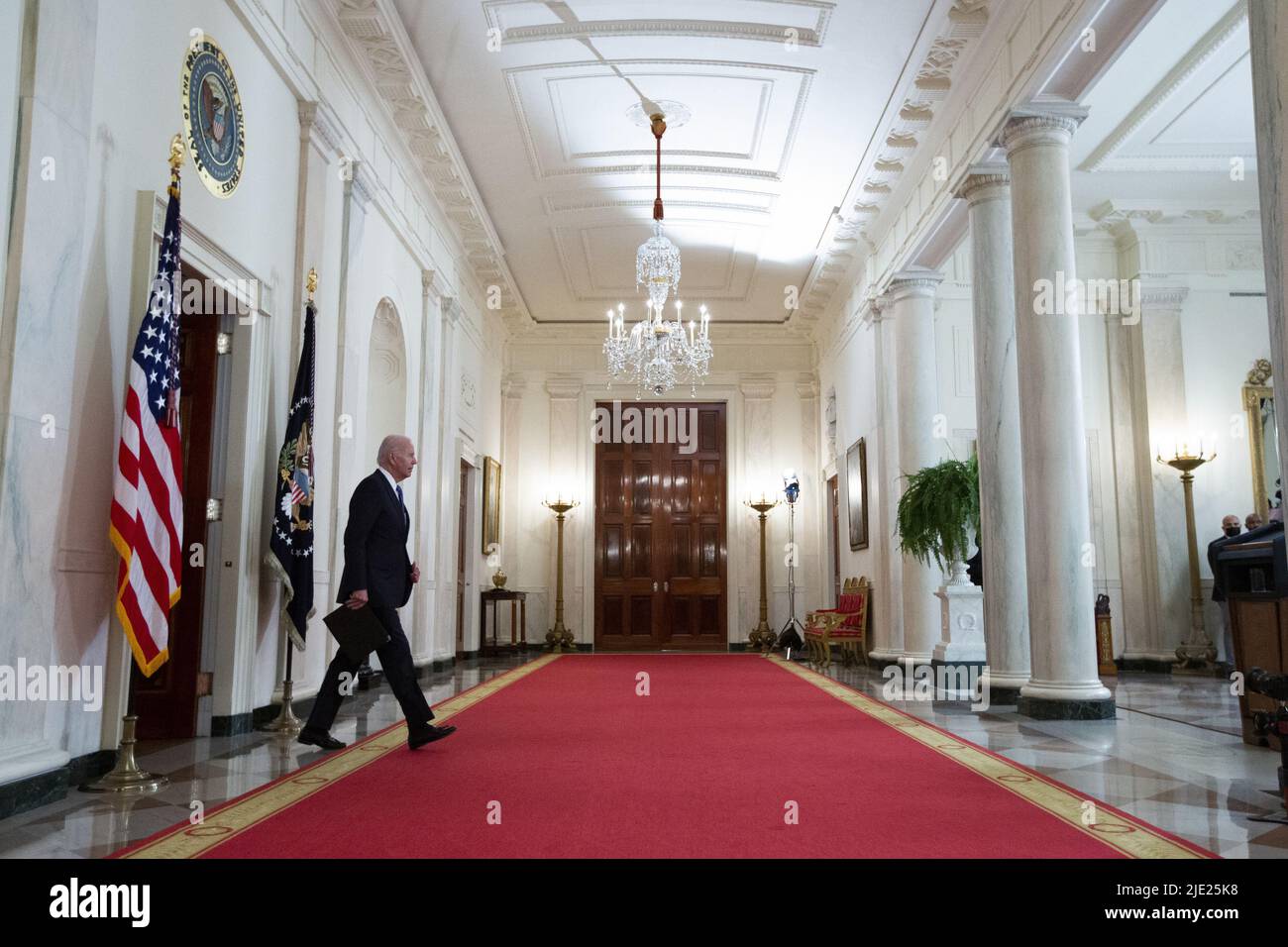 Washington, United States. 24th June, 2022. U.S. President Joe Biden arrives to deliver remarks on the Supreme Court decision on Dobbs v. Jackson Women's to overturn Roe V. Wade in the Cross Hall of the White House on Friday, June 24, 2022 in Washington, DC. Photo by Oliver Contreras/UPI Credit: UPI/Alamy Live News Stock Photo