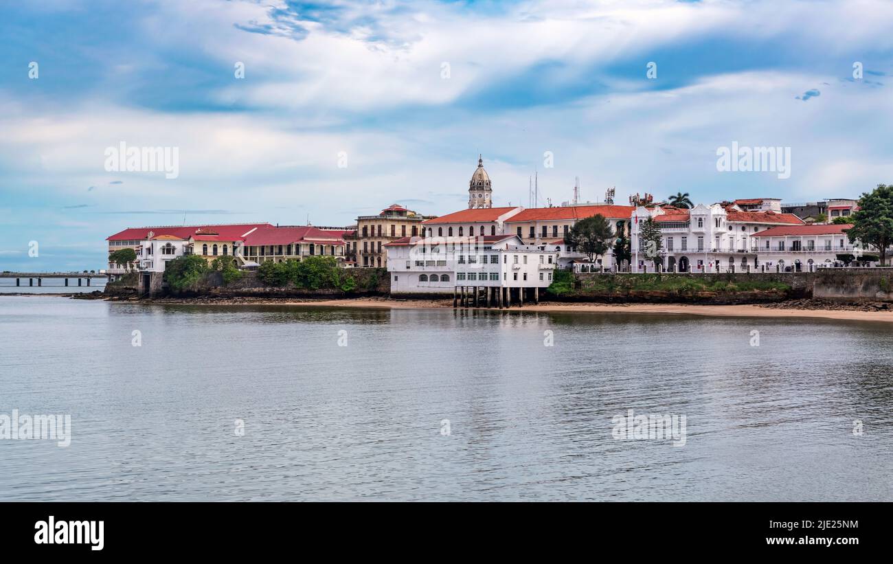 Panama City, Panama - October 29, 2021: View the old part of Panama City called Casco Viejo with the Presidential Palace in the foreground. Stock Photo