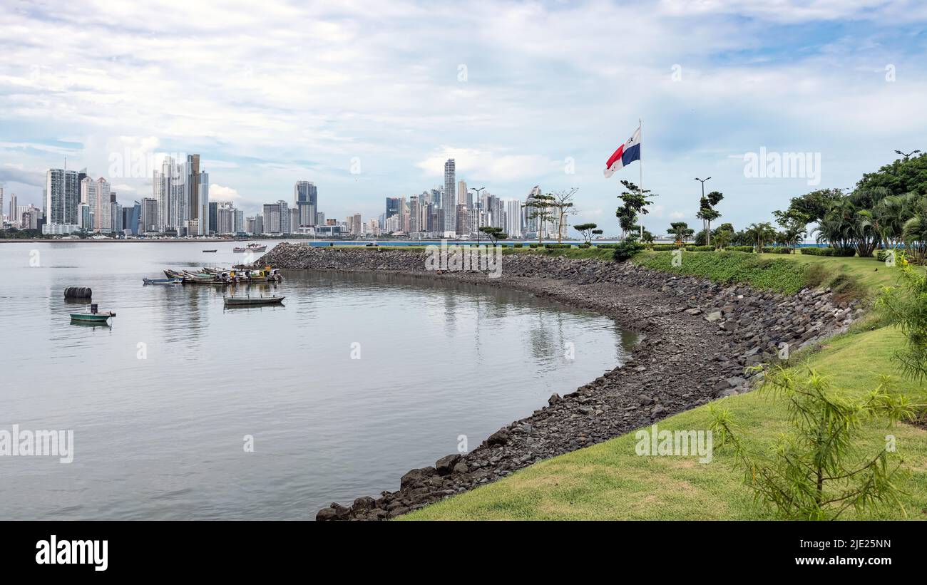 Monument of the Flag of Panama and the skyscrapers by the shores of Panama Bay in Panama City. Stock Photo