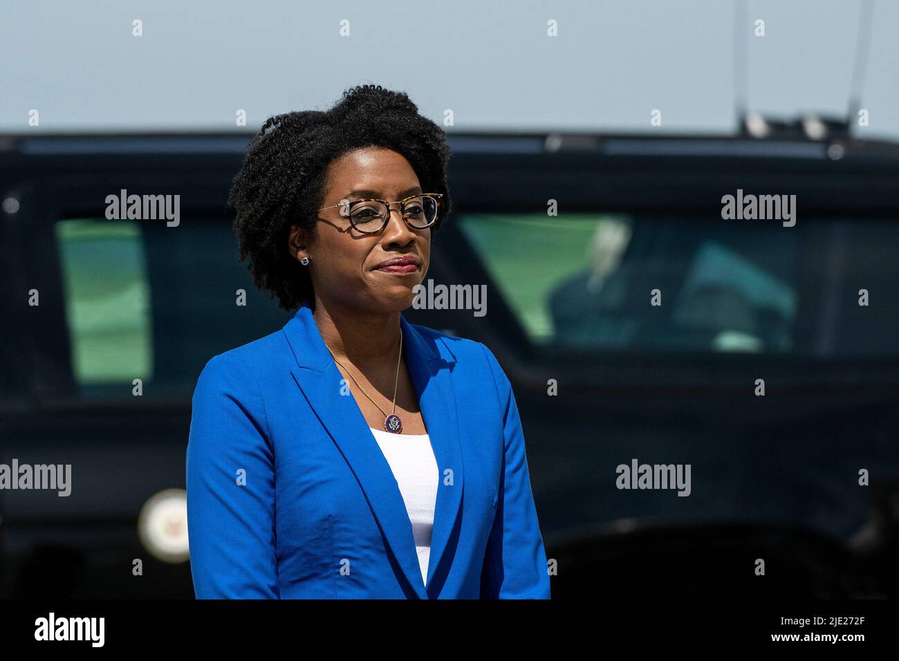 Aurora, USA. 24th June, 2022. Congresswoman Lauren Underwood waits for the arrival of Vice President Kamala Harris (not pictured) at the Aurora Municipal Airport on Friday June 24, 2022 in Aurora, IL. (Photo by Christopher Dilts/Sipa USA) Credit: Sipa USA/Alamy Live News Stock Photo