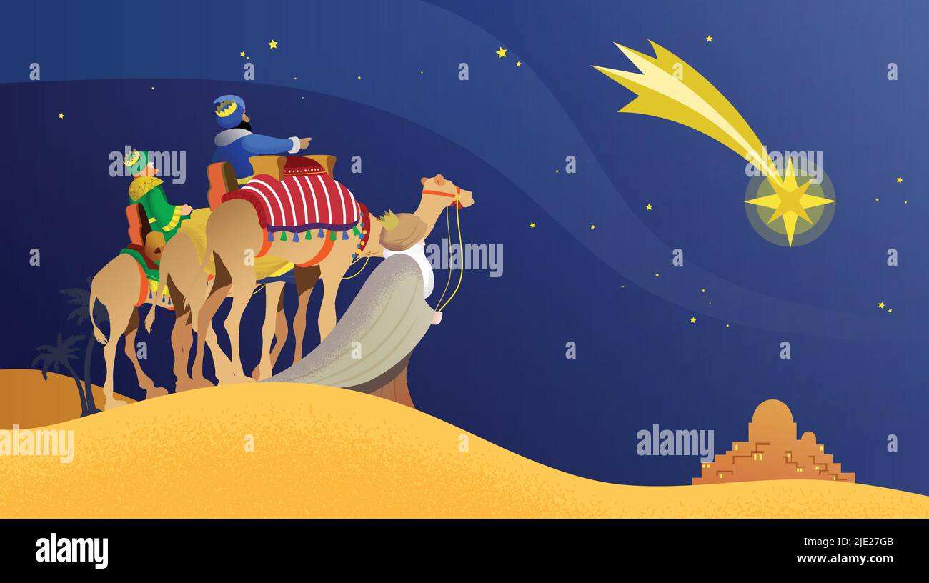 The three wise men, Magi, Three Kings, Melchior, Caspar and Balthasar ridings camels in desert, heading for Bethlehem, following Bethlehem Star. Stock Vector