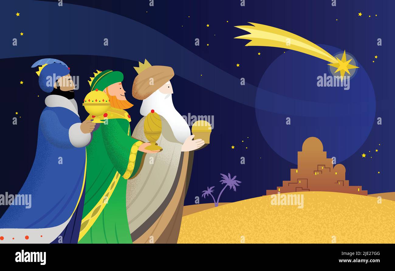 The Three Wise Men, Magi, Three Kings heading to the town of Bethlehem with presents, following the Star of Bethlehem. Epiphany celebration vector. Stock Vector