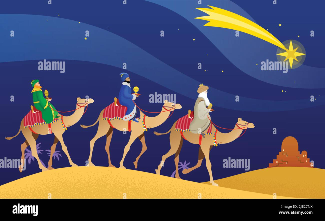 The Three Wise Men, Magi, or Three Kings, Melchior, Caspar and Balthasar on camels back, heading to the city of Bethlehem following the Star. Stock Vector