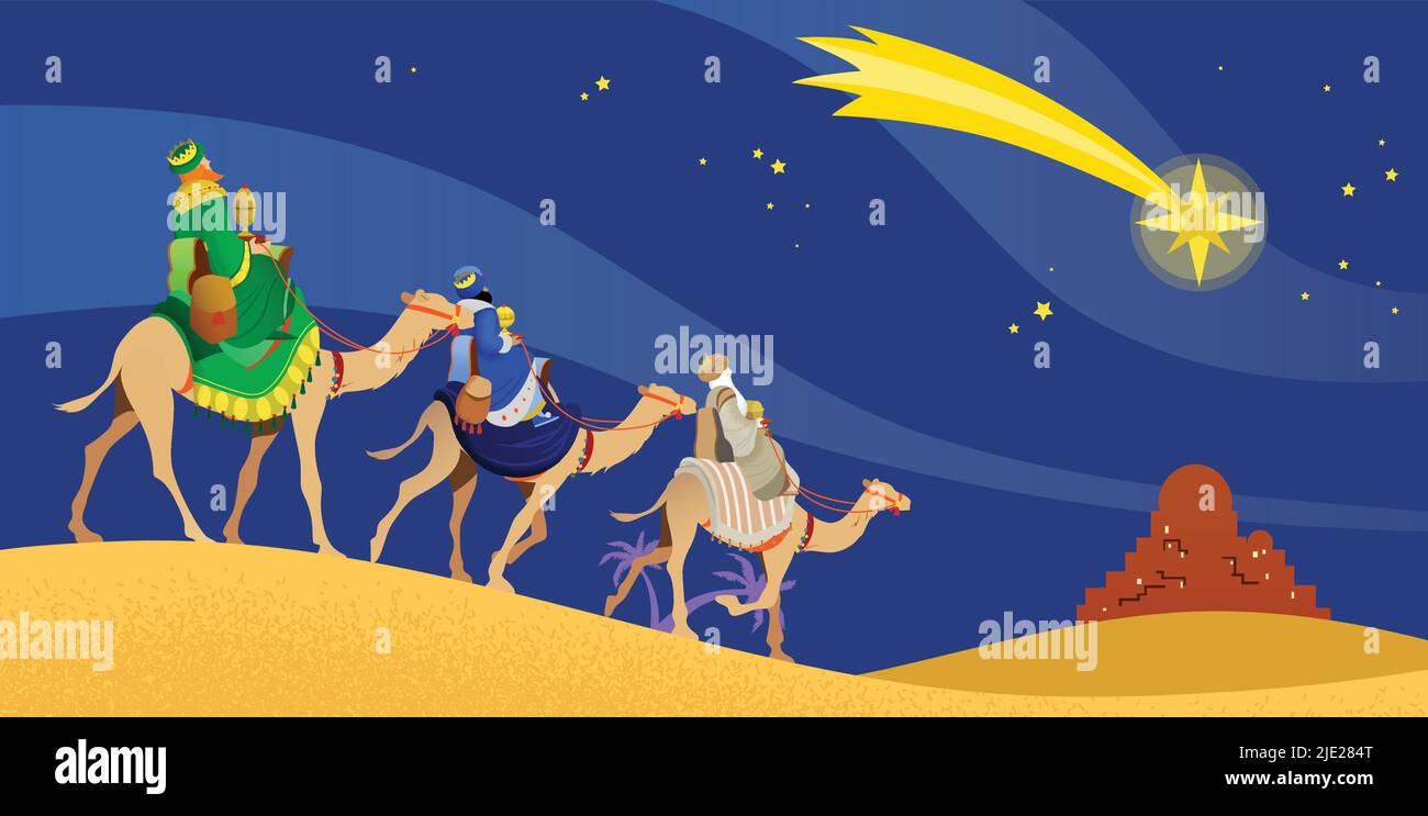 The three wise men, Magi, three Kings, Melchior, Caspar and Balthasar, riding camels following the star of Bethlehem. Epiphany celebration vector. Stock Vector