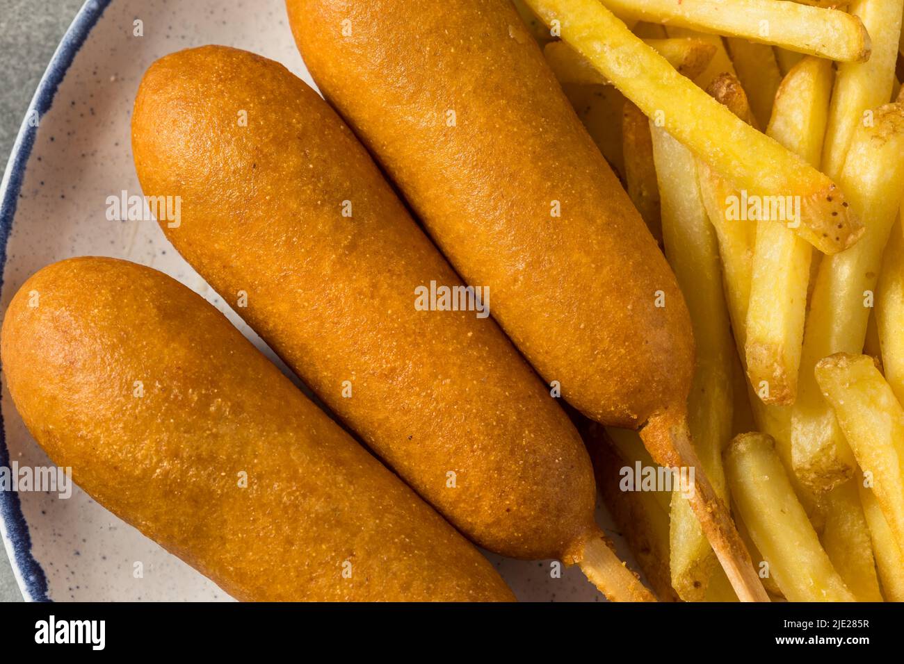 Homemade Breaded Beef Corndogs with French Fries Stock Photo Alamy