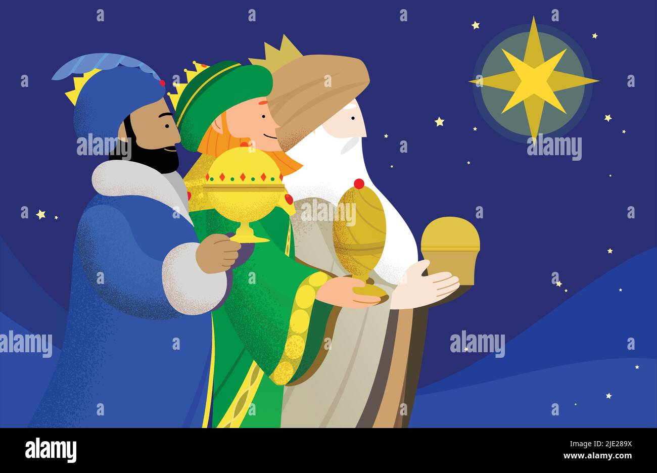 Celebration of Epiphany vector illusration. The Three Wise Men or the Three Kings or the Three Magi following the star of Bethlehem bearing gifts. Stock Vector