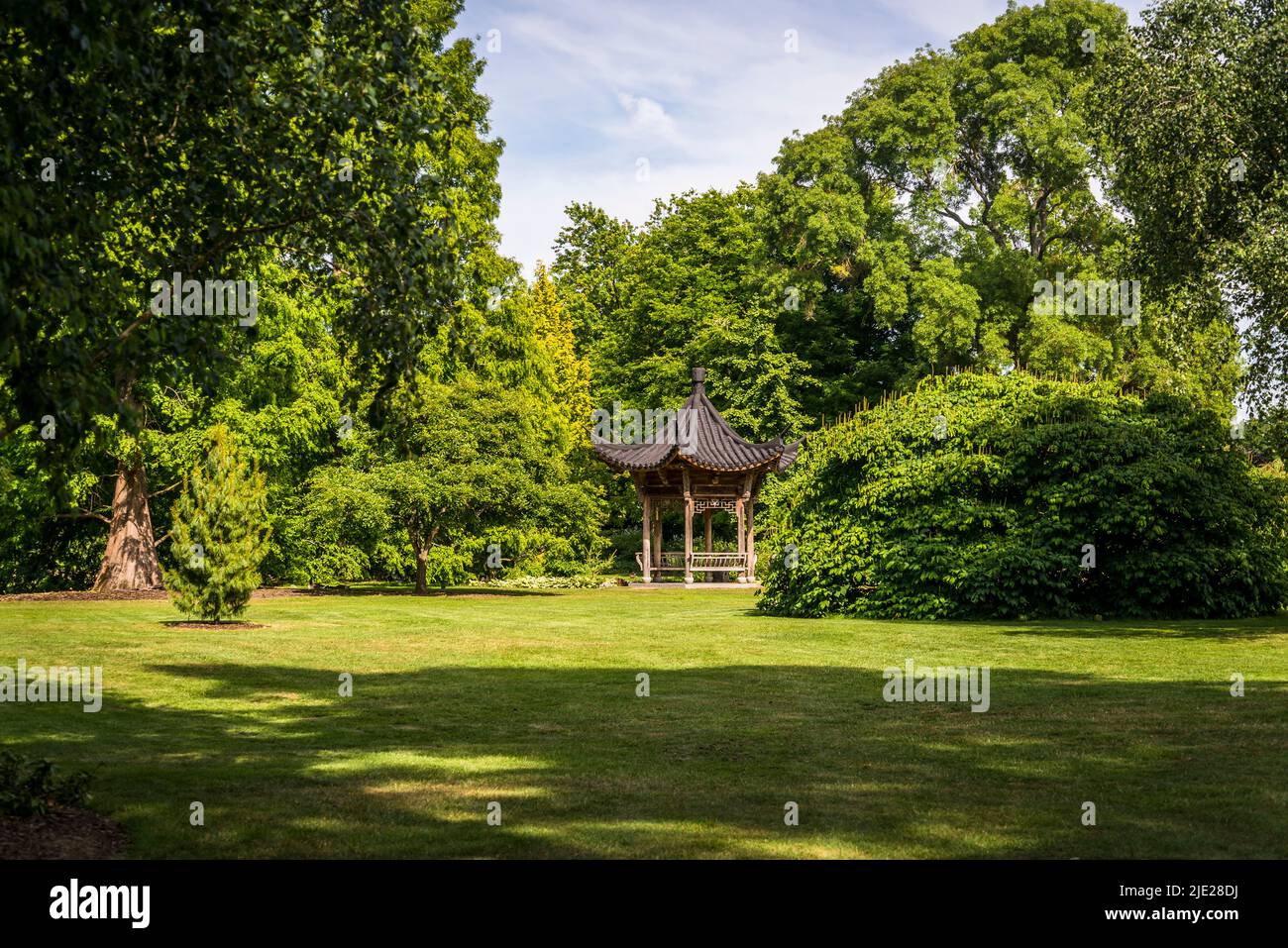 The Butterfly Lovers Pavilion sits on the lawns of Seven Acres, Wisley Garden, Surrey, UK Stock Photo