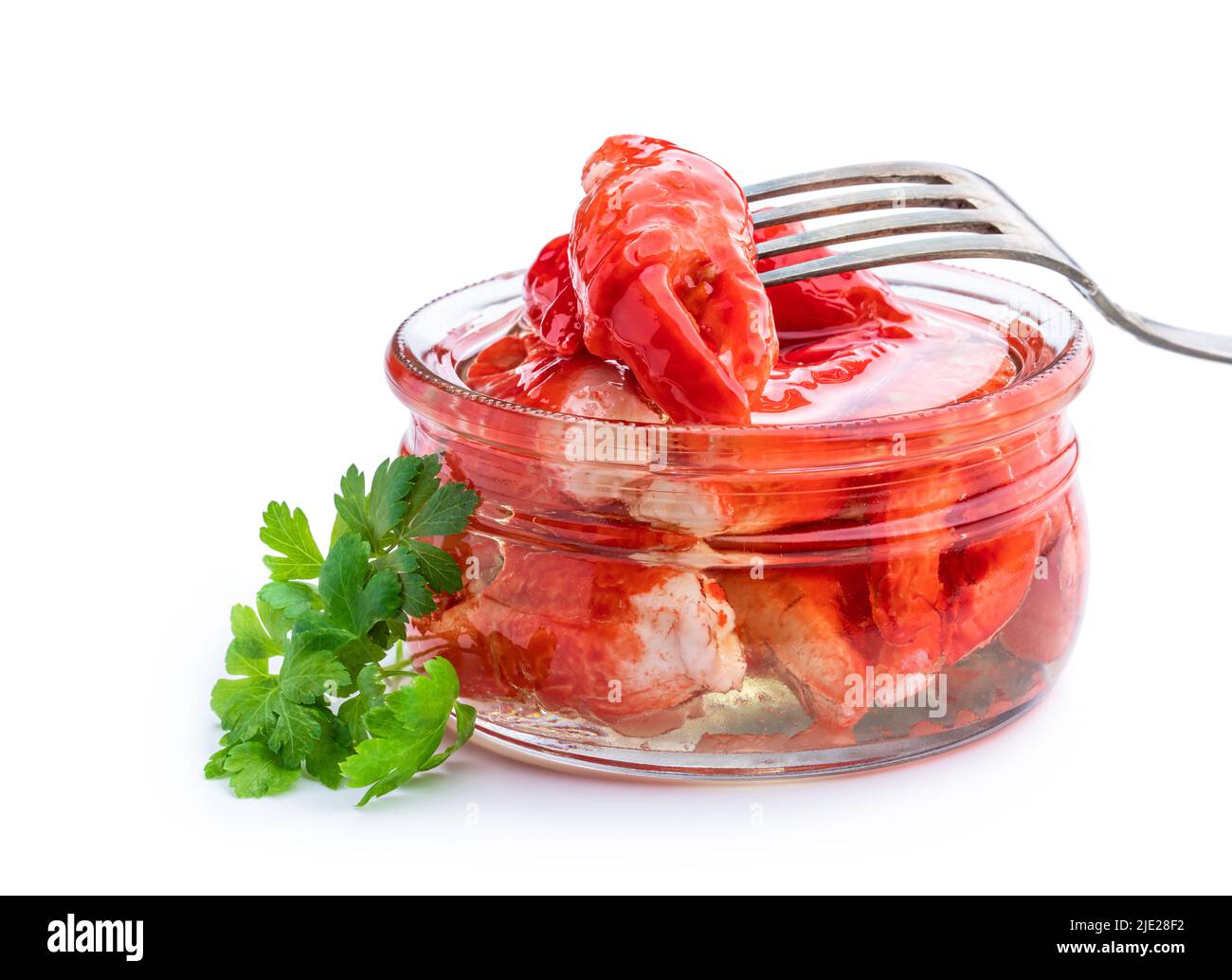 Imitation crab meat in glass jar isolated on white Stock Photo Alamy