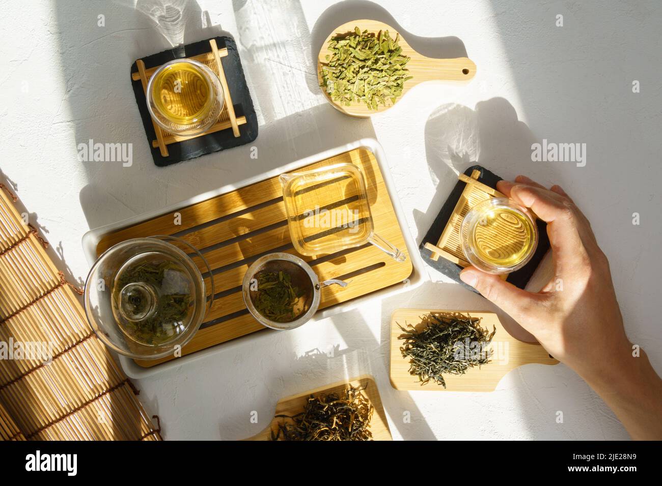 Green tea natural light background. op view. Daylight. Top view Stock ...