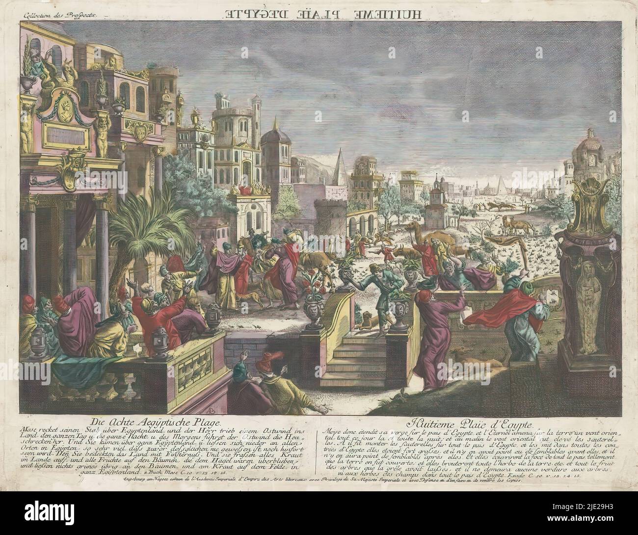 The Eighth Plague in Egypt, Die achte Aegyptische Plage (title on object), The Plague of the Locusts. View of a city under dark clouds, with railings and steps in the foreground. The people on the street are either beating around the bush or fleeing from the locusts that cover everything. Below the image explanations in German and French., publisher: Kaiserlich Franziskische Akademie, (mentioned on object), print maker: Monogrammist B (Duitsland), (mentioned on object), Jozef II (Duits keizer), (mentioned on object), publisher: Augsburg, print maker: Germany, 1755 - 1779, paper, etching, brush Stock Photo