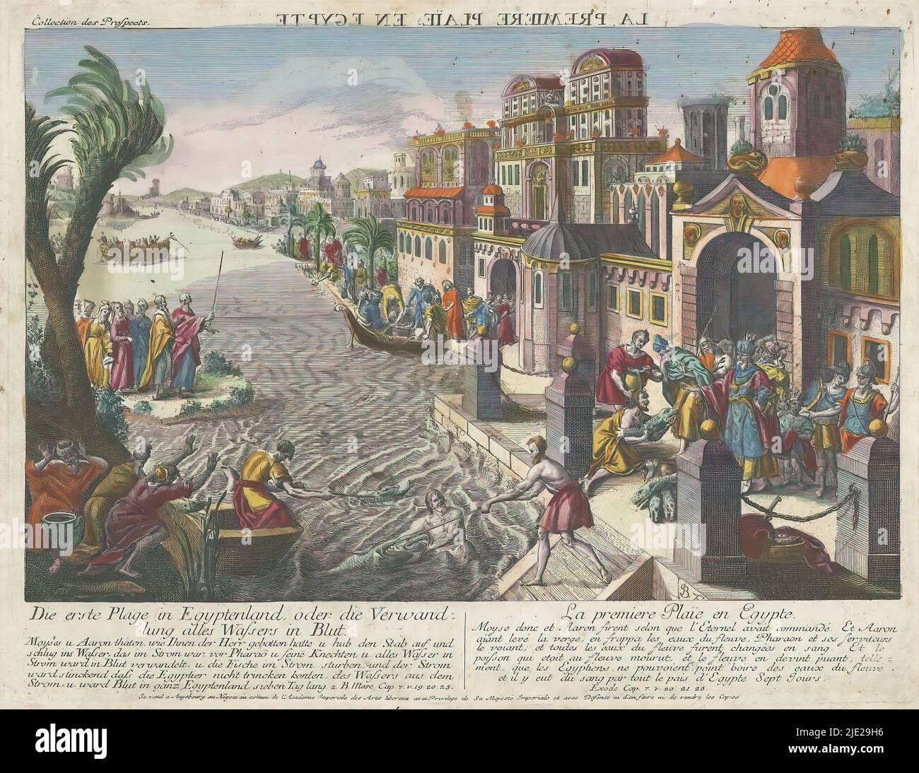 The first plague of Egypt, Die erste Plage in Egyptenland (...) (title on object), The plague of water turned to blood. View of a city on a river. On the bank to the left Moses beating the water with his stick. On the right on the quay is Pharaoh and his entourage. The water is stained red and dead fish are being pulled out. Below print explanations in German and French., publisher: Kaiserlich Franziskische Akademie, (mentioned on object), print maker: Monogrammist BF, (mentioned on object), Jozef II (Duits keizer), (mentioned on object), publisher: Augsburg, print maker: Germany, 1755 - 1779, Stock Photo