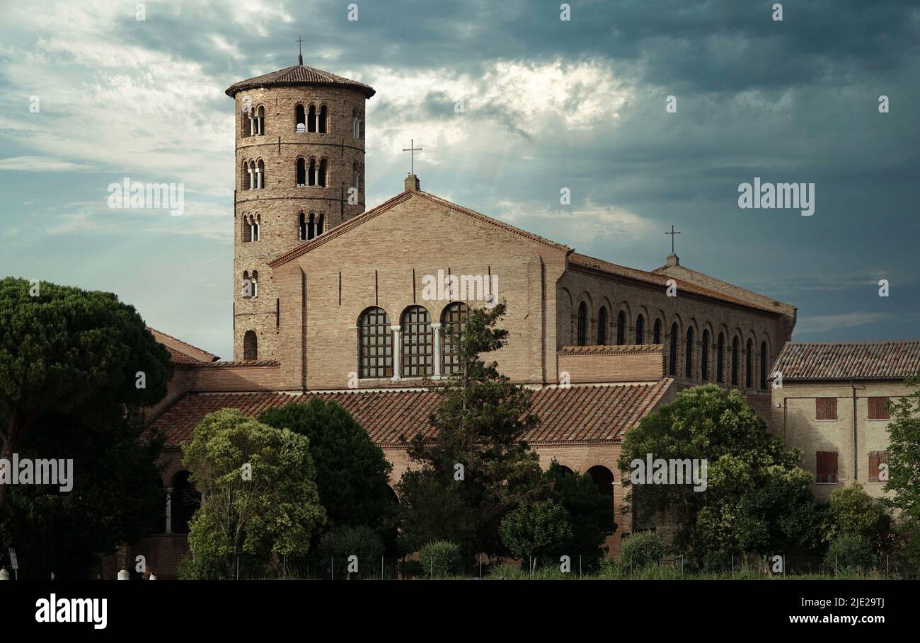 View of the basilica of Sant'Apollinare in Classe at sunset. Classe, Ravenna, Italy Stock Photo