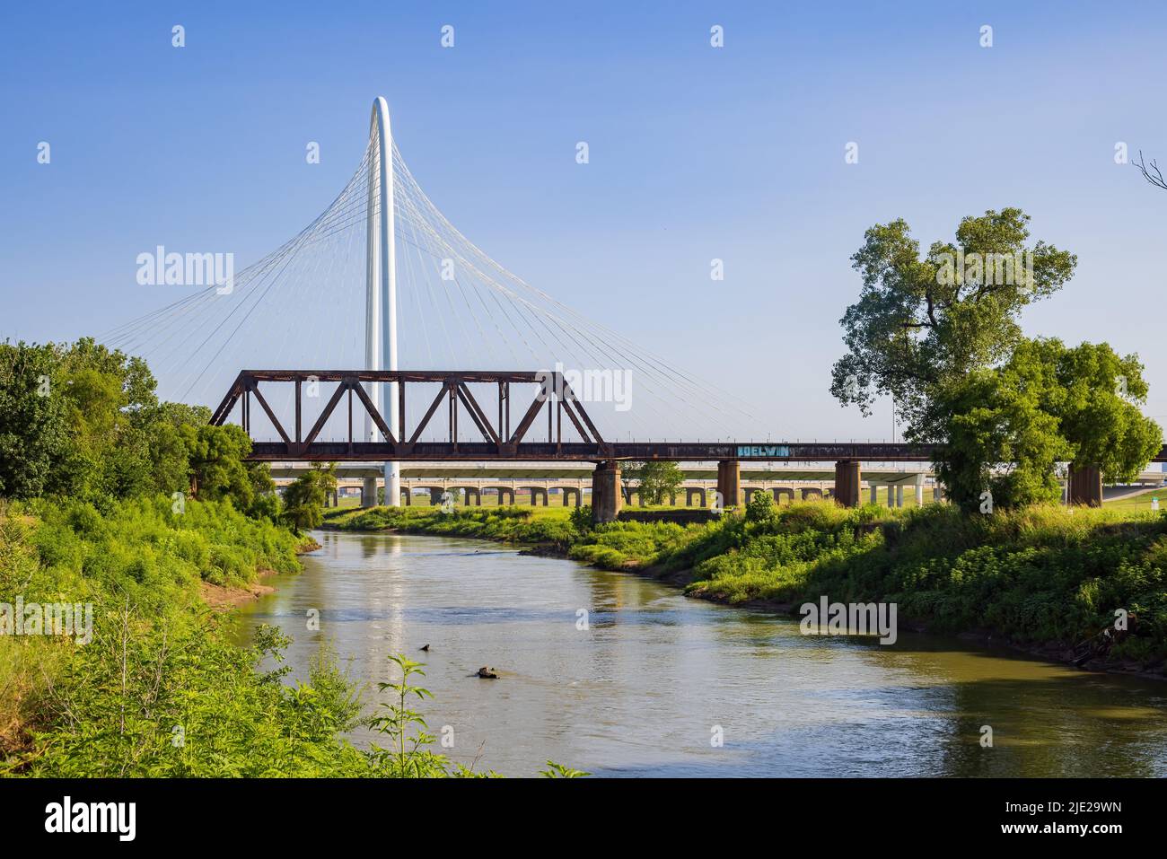 Sunny view of the Margaret Hunt Hill Bridge at Dallas, Texas Stock ...