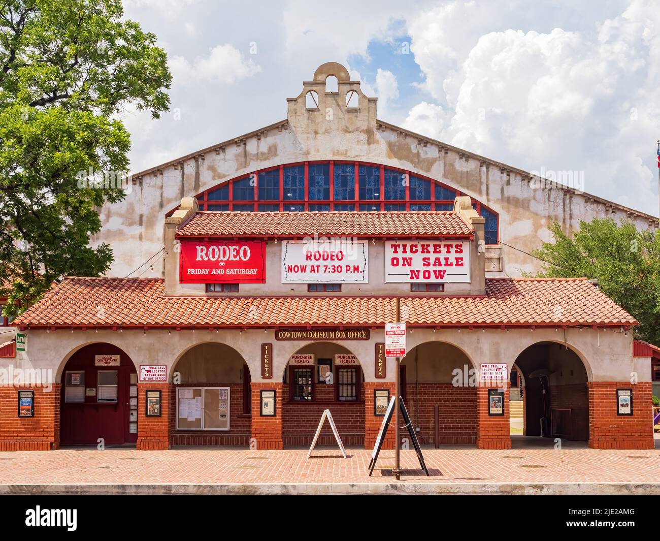 Texas, JUN 18 2022 - Sunny view of the Stockyards Championship Rodeo building Stock Photo