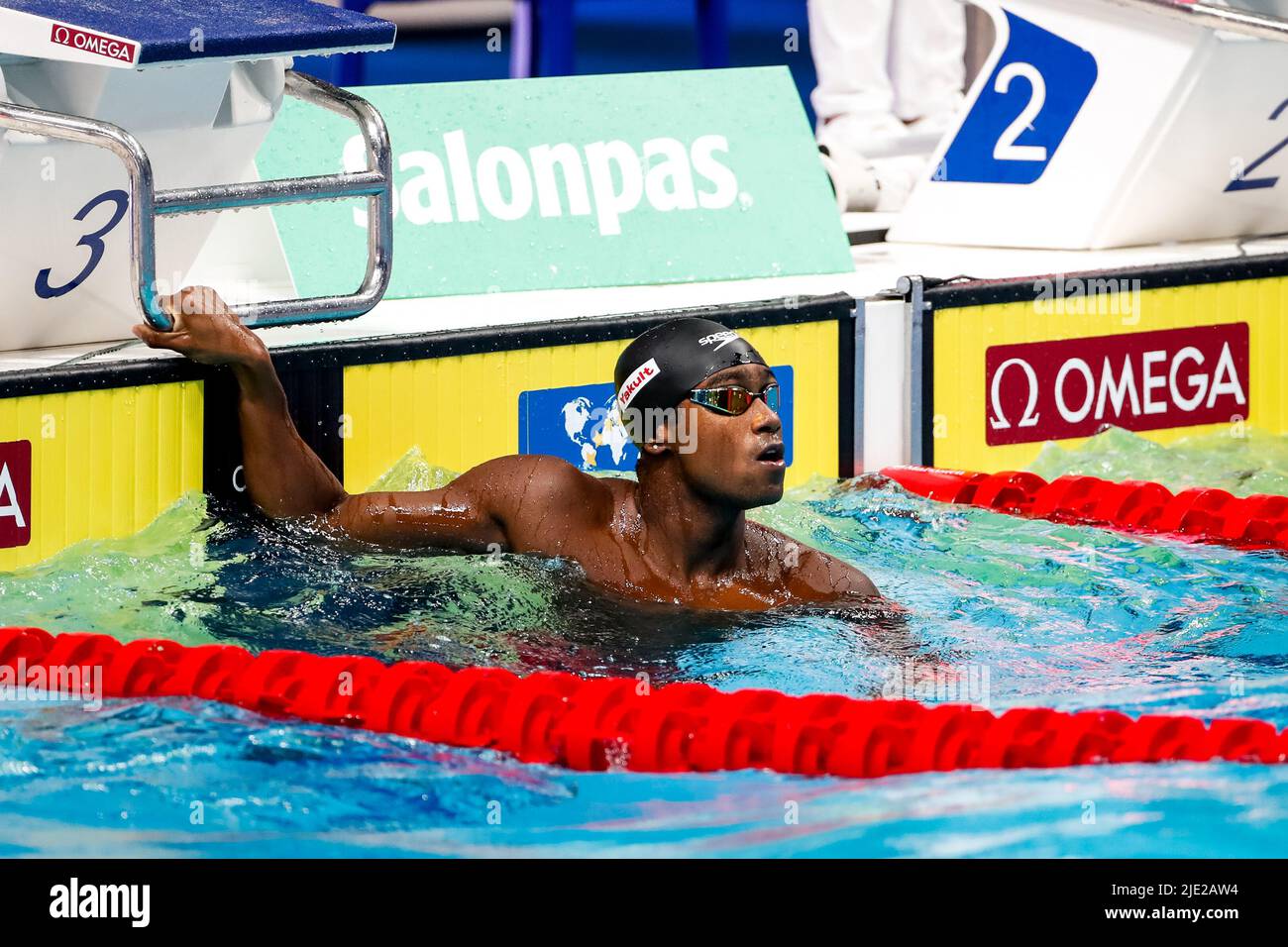 BUDAPEST, HUNGARY - JUNE 24: Joshua Liendo Edwards of Canada after competing in the Men's 50m Freestyle during the FINA World Aquatics Championships Swimming at the Duna Arena on June 24, 2022 in Budapest, Hungary (Photo by Nikola Krstic/Orange Pictures) Credit: Orange Pics BV/Alamy Live News Stock Photo