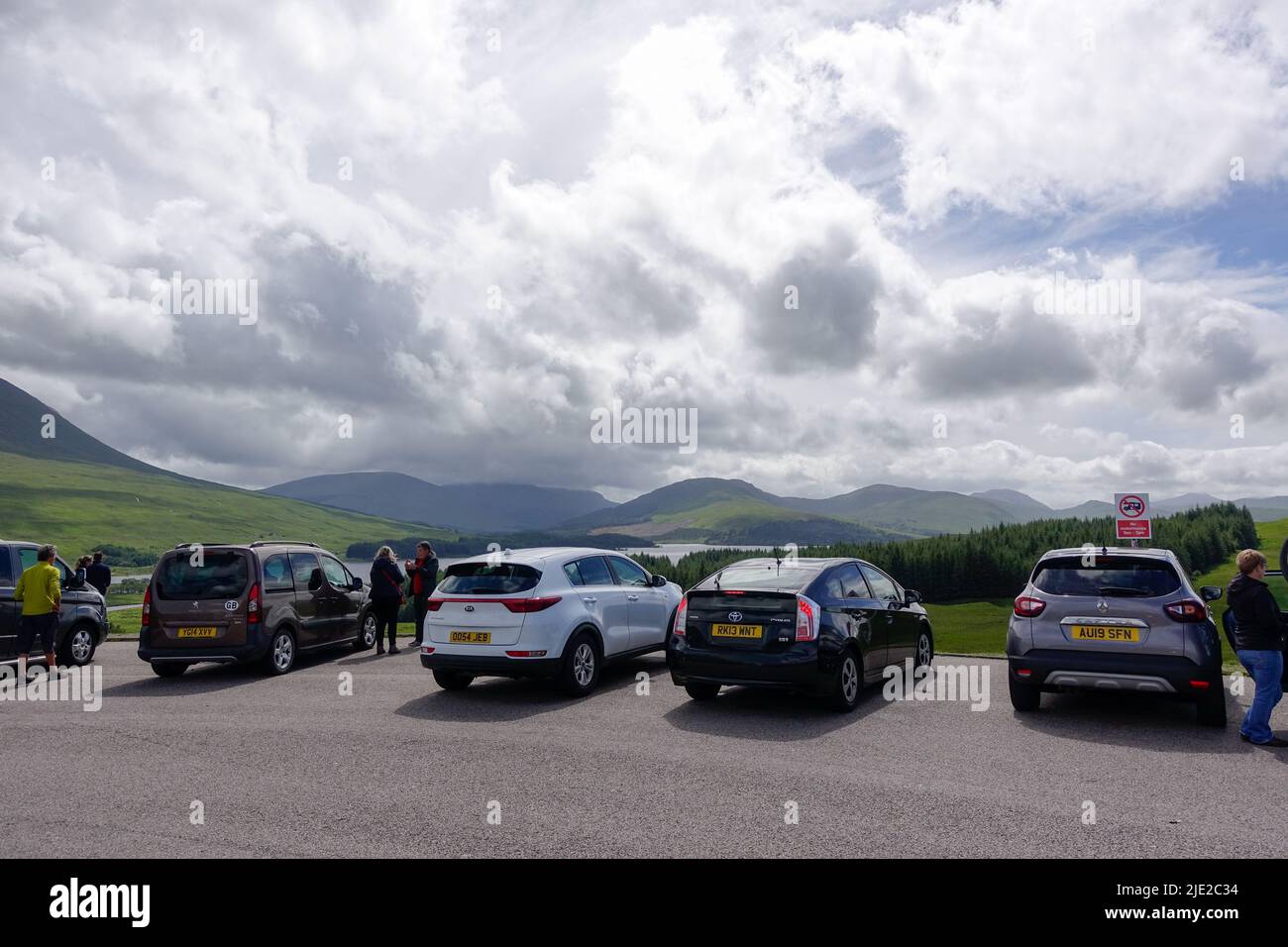 Loch Tulla Viewpoint visitors parked car Stock Photo