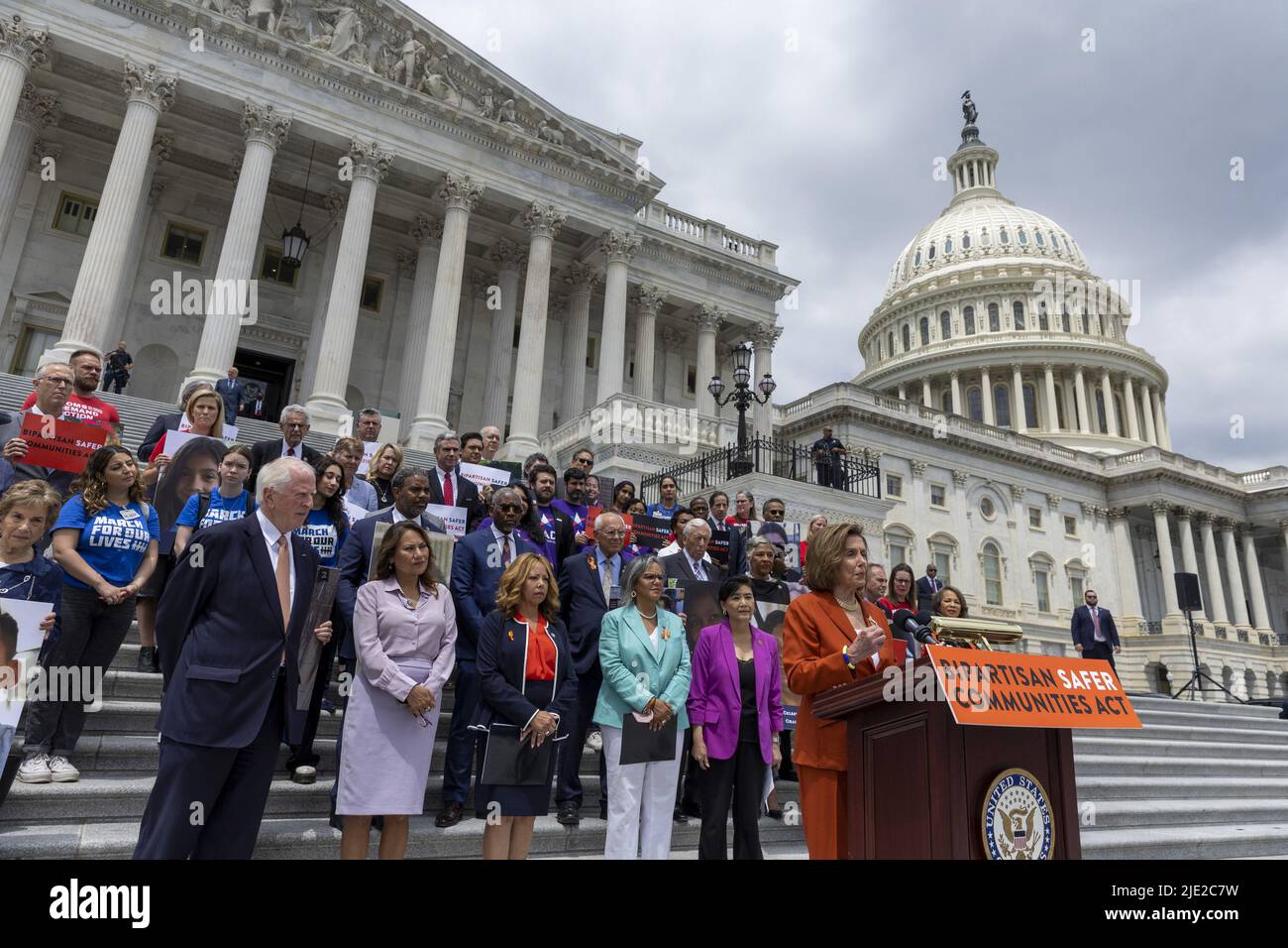 Washington, United States. 24th June, 2022. Speaker of the House Nancy Pelosi (D-CA) delivers remarks as she joins fellow Democrats for a rally before voting on the Bipartisan Safer Communities Act in outside the U.S. Capitol in Washington, DC on Friday, June 24, 2022. Photo by Tasos Katopodis/UPI Credit: UPI/Alamy Live News Stock Photo