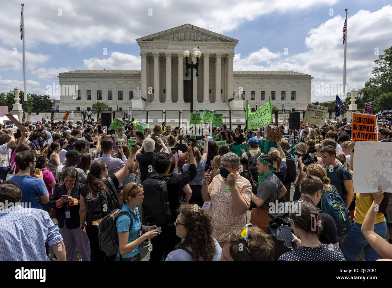 Washington, United States. 24th June, 2022. Protesters gather in front of the U.S. Supreme Court in Washington, DC on Friday, June 24, 2022. The Supreme Court overturned Roe vs Wade, by a vote of 6-3, eliminating the constitutional right to an abortion after 50 years after the decision. Photo by Tasos Katopodis/UPI Credit: UPI/Alamy Live News Stock Photo