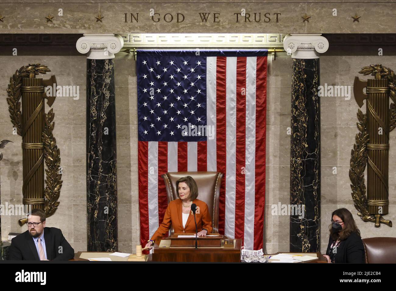 Washington, United States. 24th June, 2022. Speaker of the House Nancy Pelosi (D-CA) after voting the Bipartisan Safer Communities Act in the House Chamber at the U.S. Capitol in Washington, DC on Friday, June 24, 2022. Photo by Tasos Katopodis/UPI Credit: UPI/Alamy Live News Stock Photo