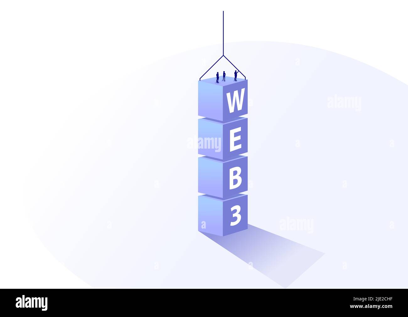 Web 3.0 software development concept. Vector illustration of text blocks that are being constructed by software developers. Minimalistic bird's eye vi Stock Vector