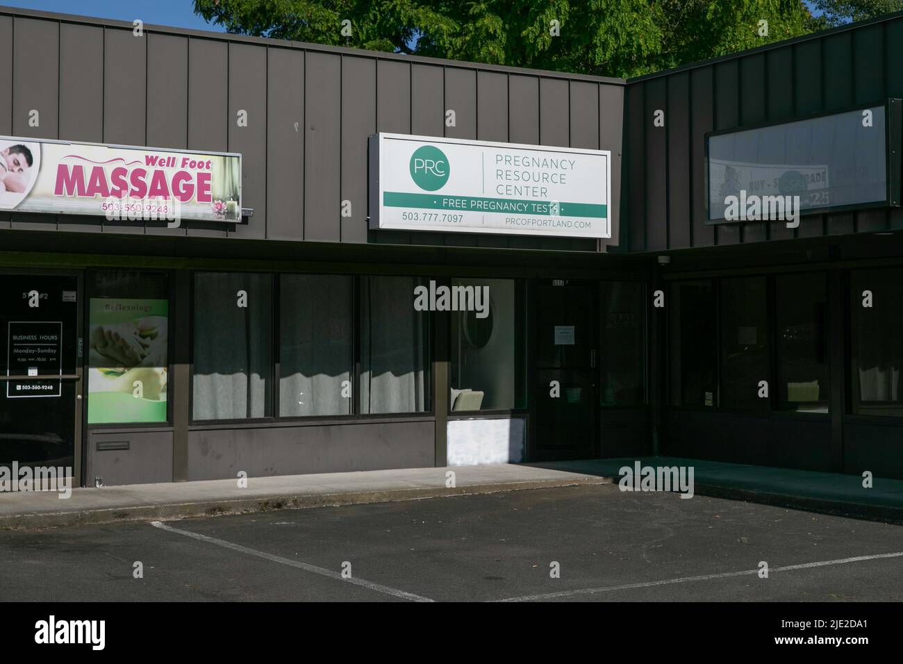 A 'Pregnancy Resource Center', a Christian anti-abortion group, has an office on a bleak Southeast Portland, Oregon shopping mall,next to a massage parlor and a tattoo parlor.  On June 24, 2022 the U. S. Supreme Court reversed a 50-year-old constitutional right to  women’s individual choice in health care by overturning the 1973 Roe v Wade decision protecting the privacy-based right to choose an abortion.  (Photo by John Rudoff/Sipa USA) Stock Photo