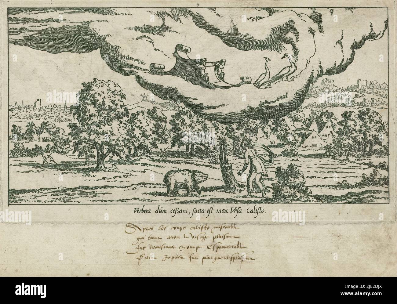 Juno turns Callisto into a bear, Le Fable de Calisto (series title), Myth of Callisto (series title), Central Juno conjures Callisto. Callisto has turned into a bear. Her chariot of peacocks is in a large cloud formation., print maker: Léon Davent, after design by: Léonard Thiry, Franse kroon, France, c. 1547 - c. 1550, geheel, :, etching, height 173 mm × width 263 mm, height 131 mm × width 232 mm Stock Photo